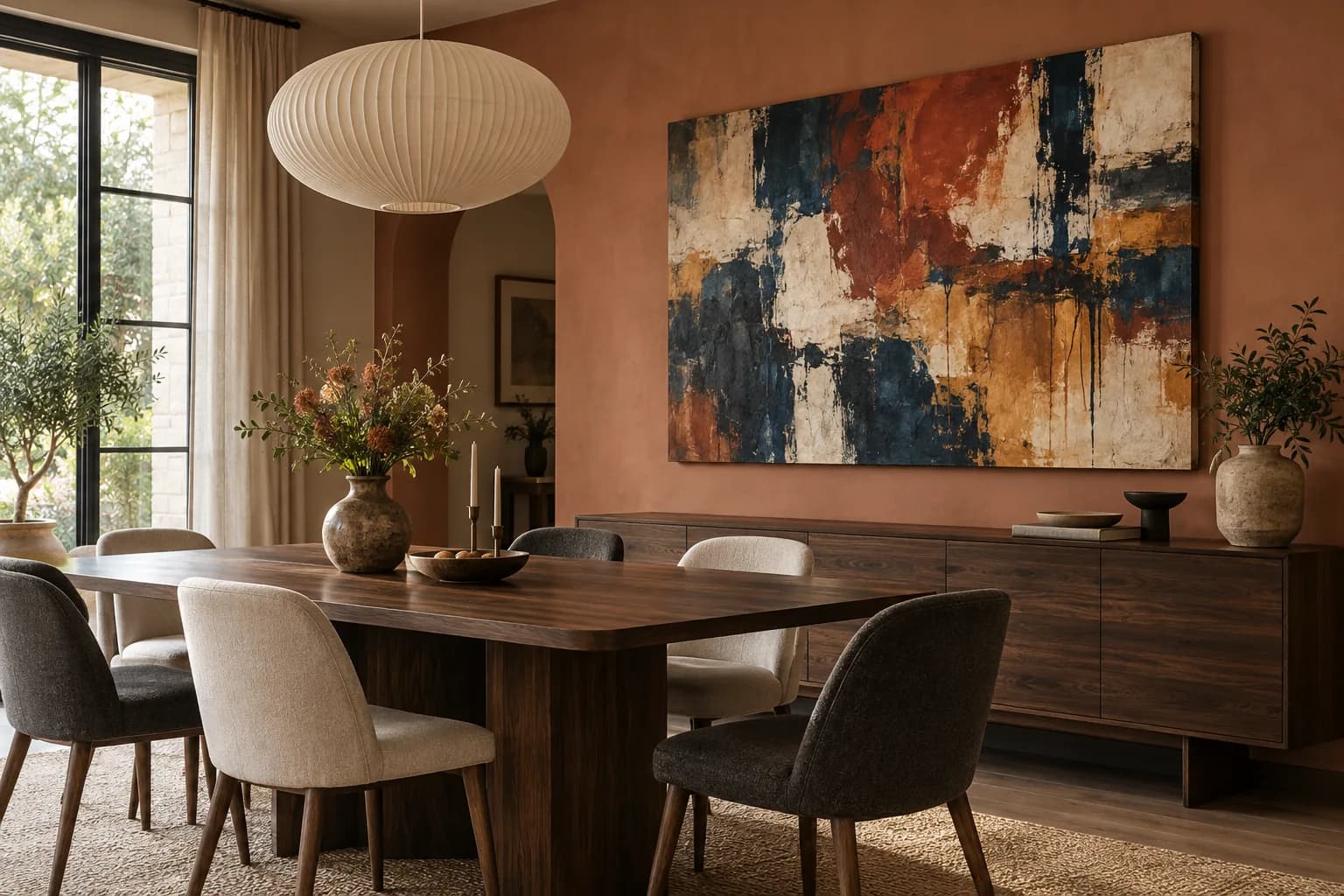 Terracotta dining room with a bold abstract canvas on the wall