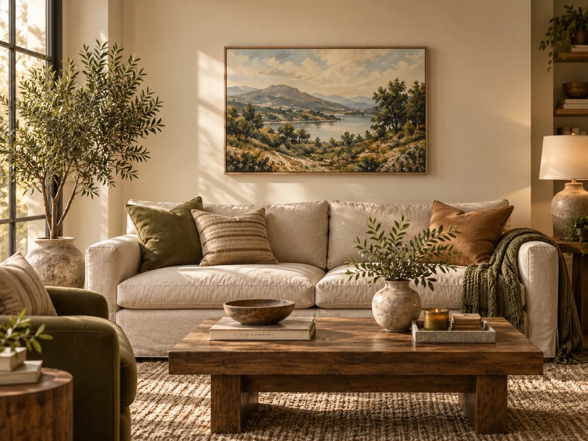 A framed landscape canvas above a neutral sofa in a warm living room