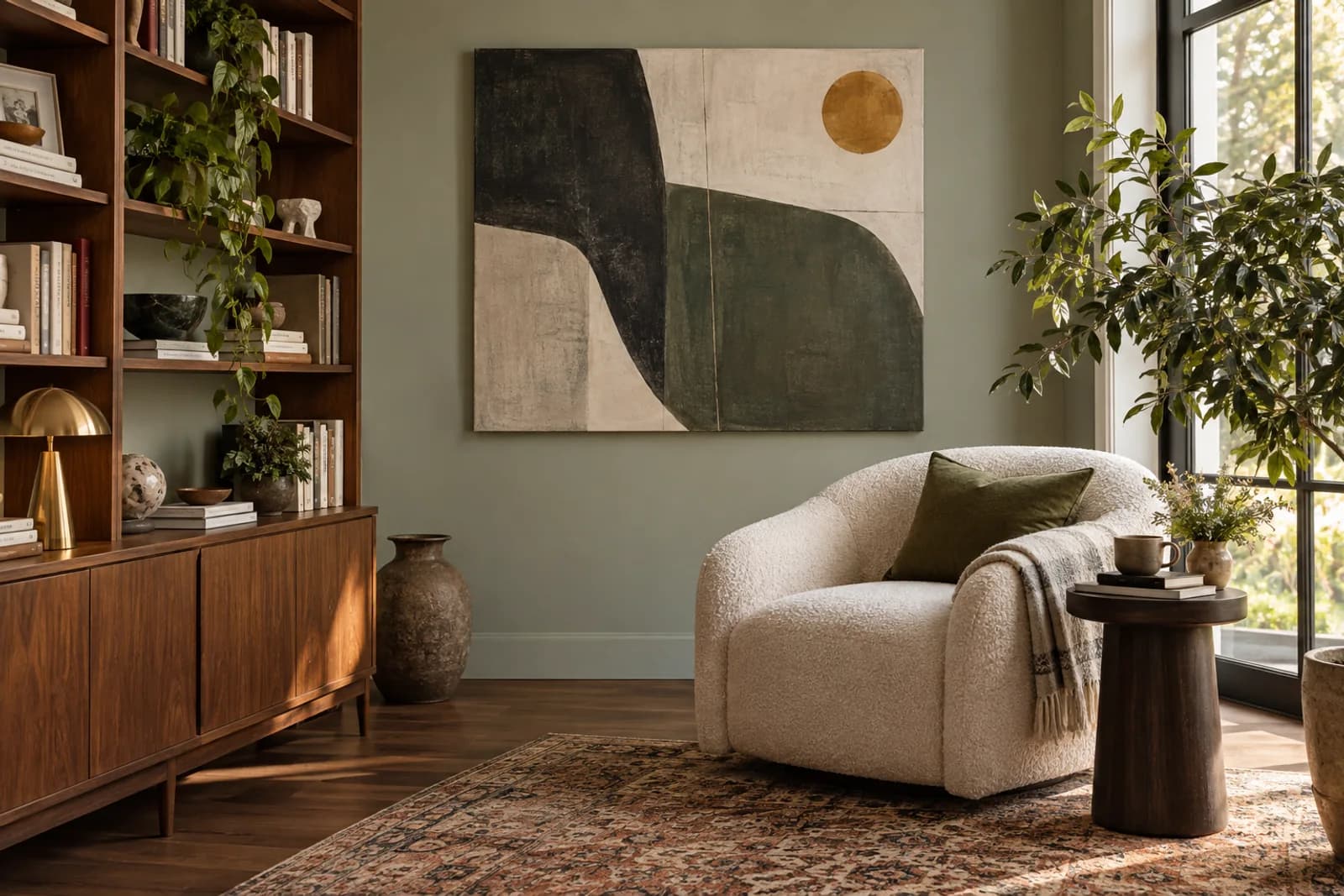 Green reading room with an unframed abstract canvas above a lounge chair